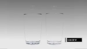 Two clear glasses filled with water against a gray background, emphasizing cleanliness and simplicity.