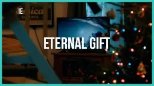 Cozy living room scene with a Christmas tree, colorful lights, and a TV displaying "Eternal Gift" text.