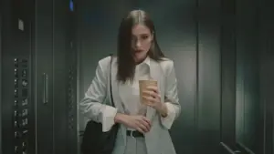 Woman in a stylish grey suit holding a coffee cup, standing nervously in a modern elevator.