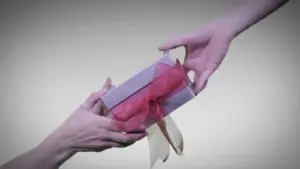 Two hands exchanging a gift box with a red ribbon against a soft gray background, symbolizing sharing and generosity.