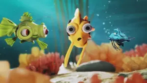 Colorful animated fish characters exploring a vibrant underwater scene filled with coral and bubbles.