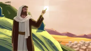 Illustration of a shepherd holding a glowing orb, set against a backdrop of hills and distant villages at sunset.