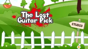 Colorful cartoon landscape with green hills, white picket fence, and bold title "The Lost Guitar Pick" surrounded by splashes of red.