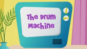 Colorful vintage television featuring the text "The Drum Machine" on a bright background with decorative elements.