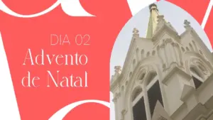 Decorative graphic featuring the title "Advento de Natal" with a close-up of a church steeple against a red background.