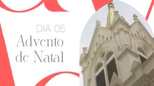 Image of a church with a golden spire, featured in a festive Advent calendar design for December 5th.