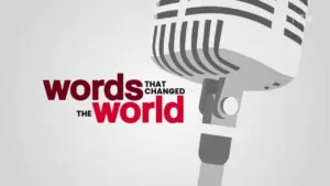 Vintage microphone with bold text, "Words That Changed the World" symbolizing impactful speech and communication.