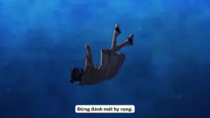 A character falling underwater against a deep blue background with inspiring text below.