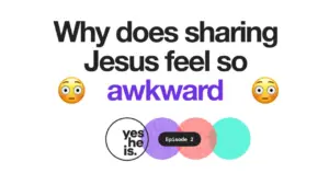 Colorful graphic with text questioning the awkwardness of sharing Jesus, featuring playful emojis and branding elements.