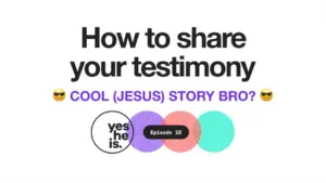 Colorful graphic featuring the text "How to share your testimony" with playful emojis and branding for Episode 10.