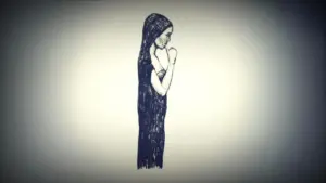 Illustration of a woman in a long dress, standing with arms crossed, conveying a sense of contemplation and solitude.