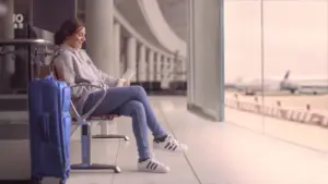 Young woman sitting with a suitcase at the airport, using a laptop while waiting for her flight.