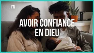 A couple lovingly gazes at their baby while surrounded by plants, conveying warmth and trust in God.