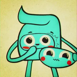 Two cute animated characters, one larger turquoise with a playful expression and a smaller green with a worried look, on a light background.