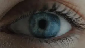 Close-up of a bright blue eye with intricate details in the iris and long eyelashes, emphasizing natural beauty.