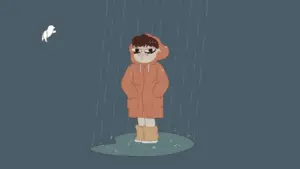 A child in an orange raincoat stands in puddles, surrounded by falling rain and a white bird flying above.