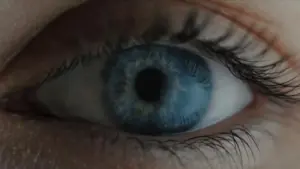 Close-up of an eye with striking blue iris, detailed eyelashes, and a dark pupil, highlighting vivid color and texture.