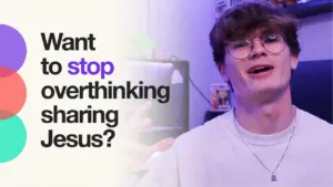 Young man with glasses smiling, encouraging viewers to share their faith without overthinking it.