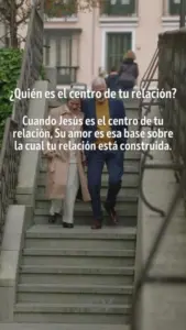 Couple walking hand in hand up stairs, with a thoughtful message about love and relationships in the background.