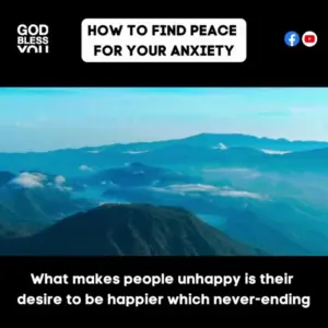 Scenic mountain landscape with text overlay on finding peace for anxiety and happiness.