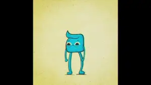 Animated blue character with a quirky expression, standing against a soft yellow background.