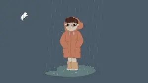 A child in an orange raincoat stands in the rain with a calm expression, surrounded by gray skies and puddles.