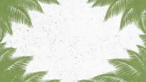 Tropical palm leaves frame a light background, creating a refreshing and serene visual atmosphere.