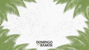 Colorful palm leaves frame a blank white space with the text "Domingo de Ramos" at the bottom, evoking a festive vibe.