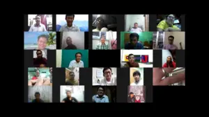 Collage of diverse individuals in a virtual meeting, showcasing various backgrounds and engaging expressions.