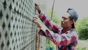 Young man in plaid shirt repairing a lattice fence in an outdoor setting, focused on his task.