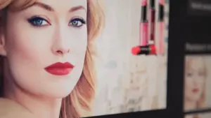 Close-up of a woman with striking makeup, featuring bold red lips and vibrant blue eyes, against a beauty product backdrop.