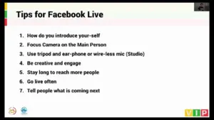 List of tips for Facebook Live, emphasizing camera focus, engagement, and effective streaming practices.