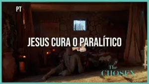 Scene from "The Chosen": Jesus heals a paralytic man in a warmly lit room, emphasizing compassion and faith.