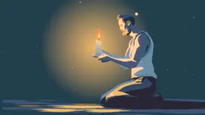 A man kneels in the dark, holding a lit candle, embodying hope and contemplation amidst a serene atmosphere.