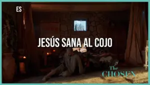 Scene depicting Jesús healing a lame man in a rustic room, highlighting themes of faith and miracles from The Chosen.