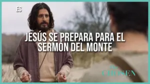 Jesús preparing for the Sermon on the Mount, with a dramatic background and focused expression. Scene from the series "The Chosen."