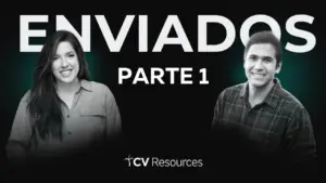 Two smiling individuals featured in a promotional image for "Enviados Parte 1" by CV Resources. Engaging visual design.