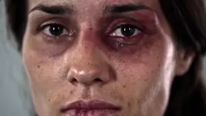 Close-up of a woman’s face showing signs of bruising and distress, highlighting the impact of violence and abuse.