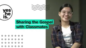 A smiling young woman sharing the gospel with classmates, surrounded by modern graphic elements in a lively design.