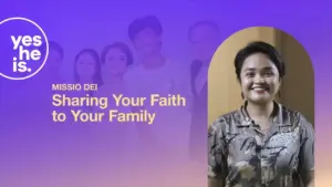 A smiling woman in a patterned shirt shares her faith with family, featuring a vibrant purple background.