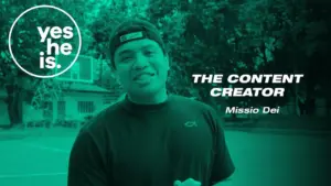 Content creator Missio Dei smiling outdoors, wearing a cap, against a vibrant turquoise background with white text.