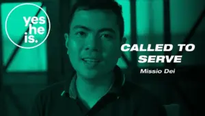 Young man speaking with "Called to Serve" and "Missio Dei" text, in a teal-toned setting, promoting service and faith.