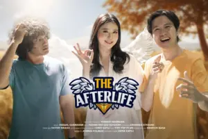 Three characters in a fantasy setting with angelic elements, featuring the title "The Afterlife" prominently displayed.