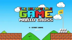 Colorful retro game title screen featuring "The Impossible Game: Mario Cross" with iconic blocks and hills.