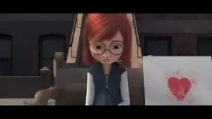 Animated character with red hair and glasses sitting on a bench, looking at a drawing of a heart on paper.