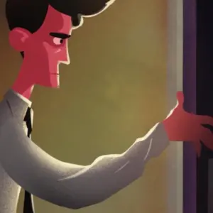 A stylized man with a serious expression reaches toward a door, showcasing vibrant animation and bold colors.