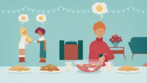 Animated scene of a person cooking while two friends chat, set in a cozy kitchen with festive decor and food.