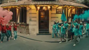 Cheering crowd with smoke flares celebrating outside a charming building with a tiled roof in a festive street scene.