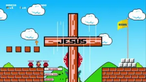 Pixelated gaming scene featuring a cross with "JESUS" colorful blocks, and playful clouds in a vibrant landscape.