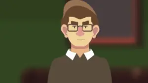 Animated character with glasses and a cap, standing against a green background, exuding a thoughtful expression.